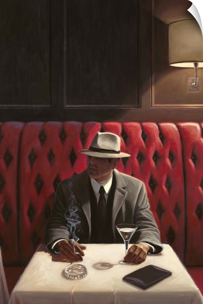 Contemporary painting of a man at a restaurant looking sideways.