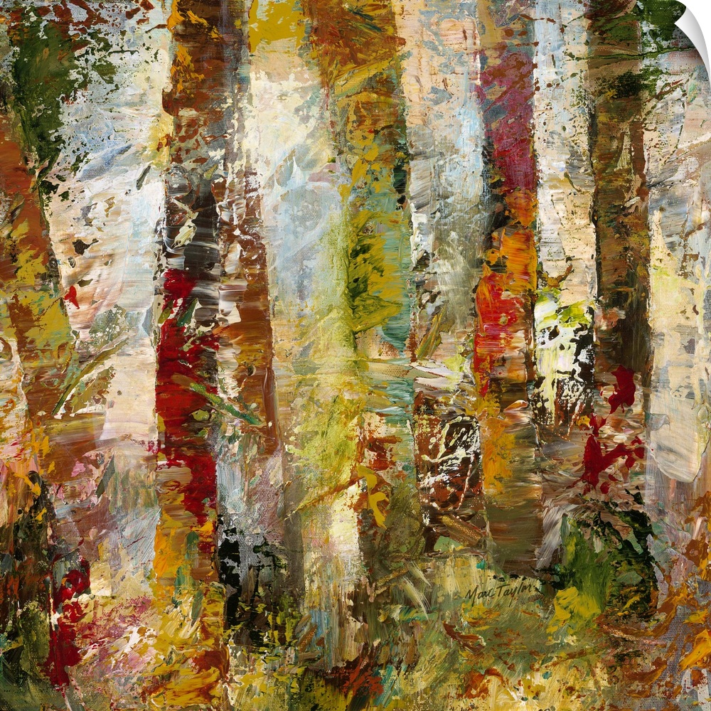 Contemporary abstract painting of a mash-up of colors and textures resembling a dense forest.