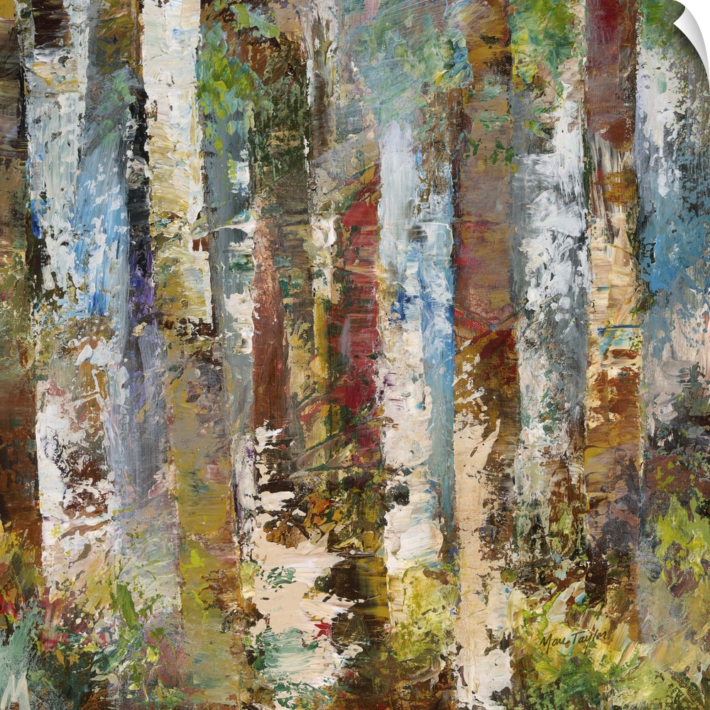 Contemporary abstract painting of a mash-up of colors and textures resembling a dense forest.