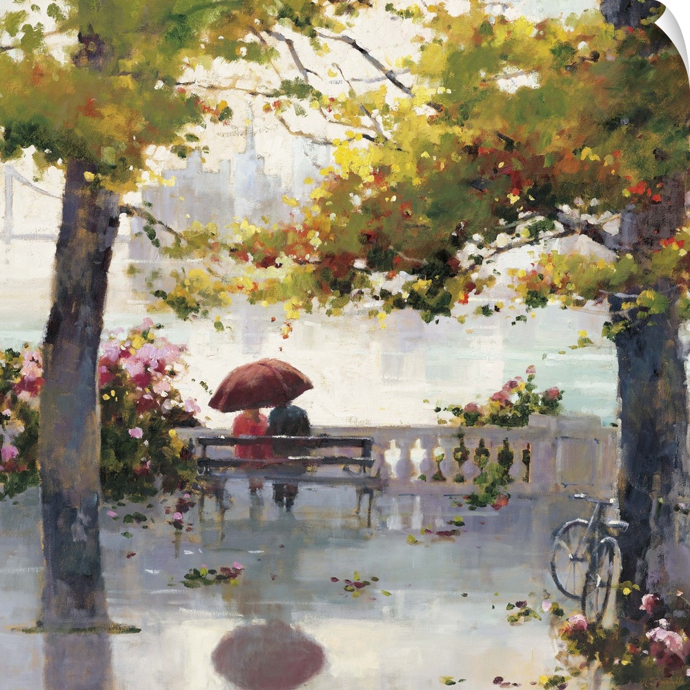 Contemporary painting of a couple standing under a red umbrella and enjoying the scenery.