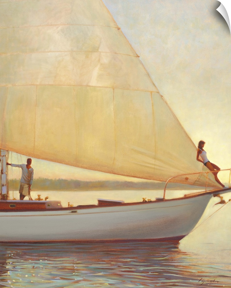 Contemporary painting of man and woman on a boat sailing on a glimmering sea.