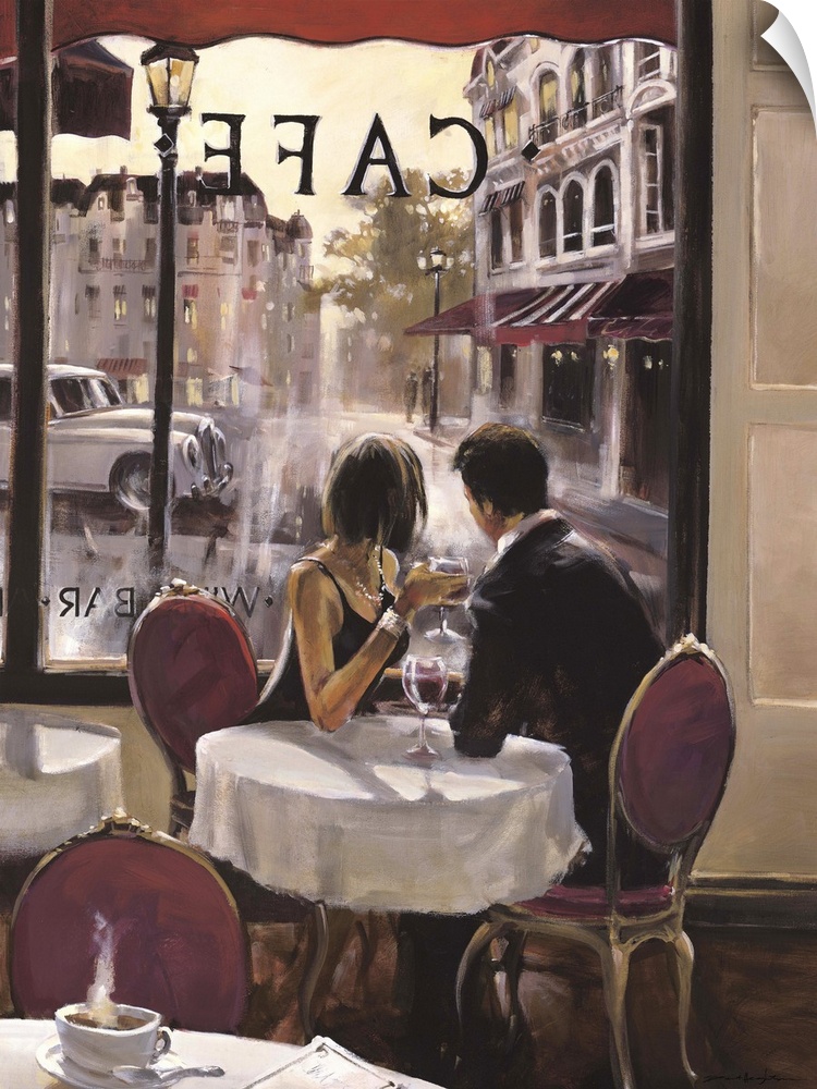 Contemporary painting of a couple sitting in a cafe and gazing out the window at the world moving by.