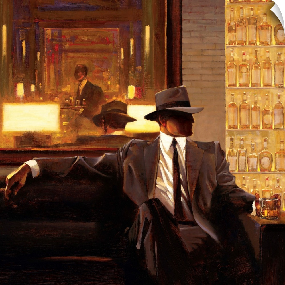 Contemporary painting of man wearing a suit and hat sitting on sofa in a lounge holding a drink in his hand.