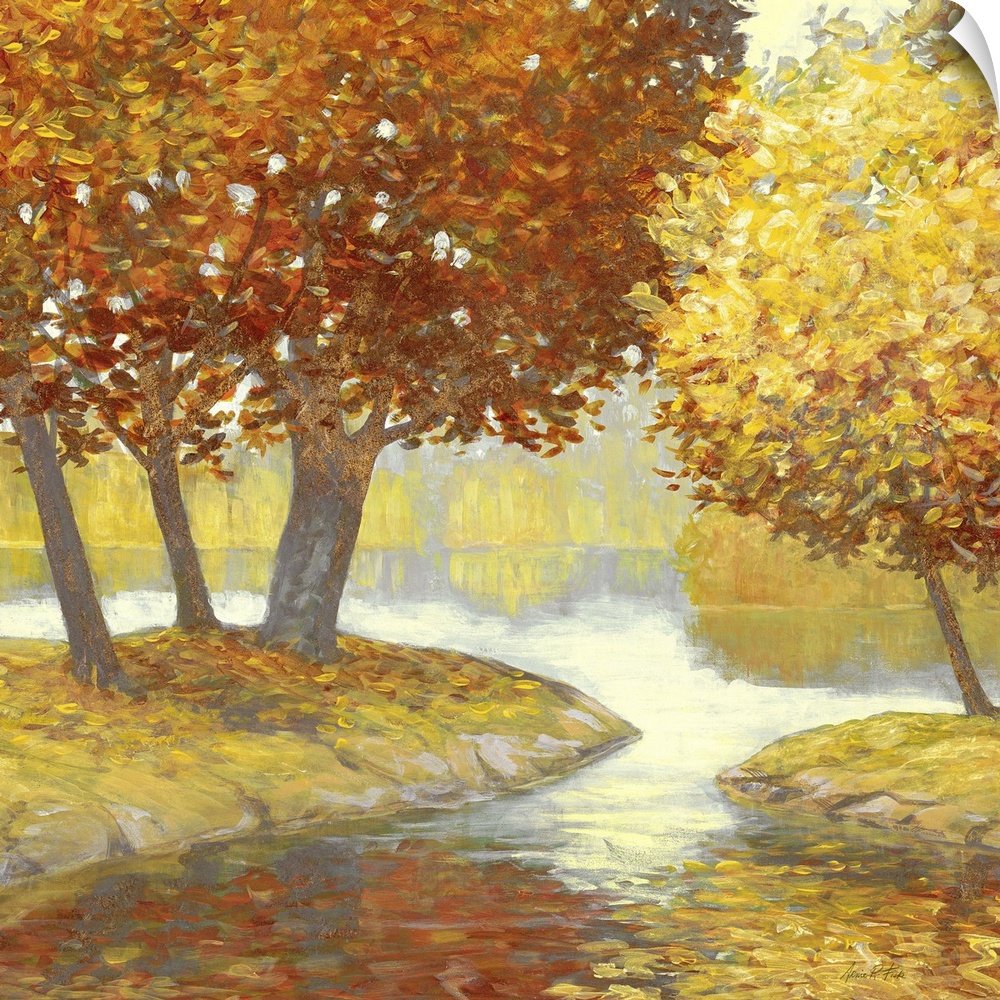 Contemporary painting of trees along the riverside in the fall.