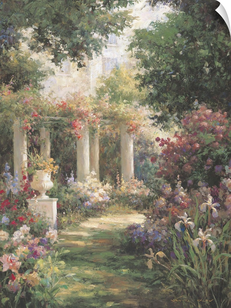 Contemporary painting of a serene garden with columns.