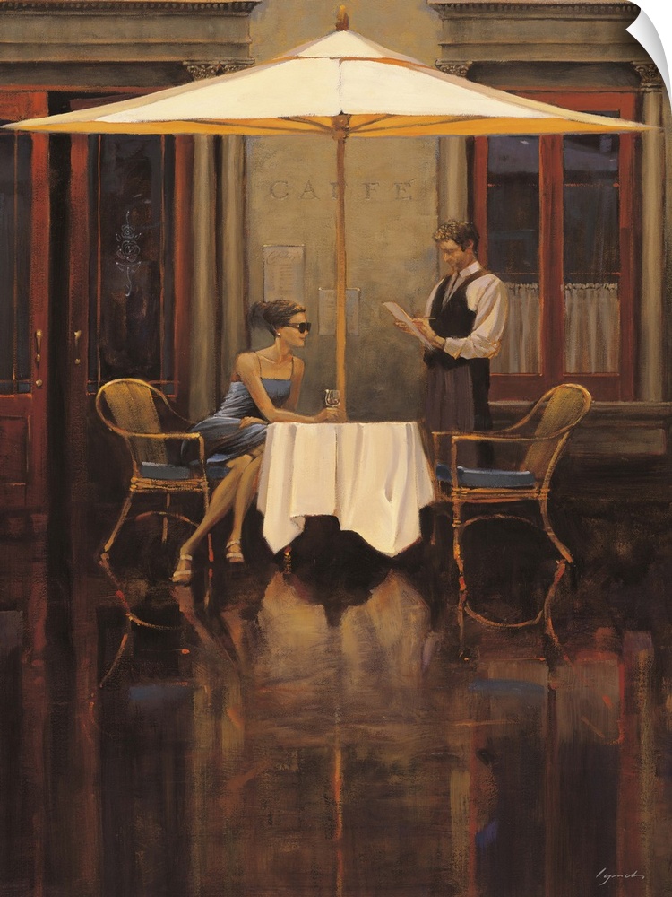 Contemporary painting of a woman sitting at a table outside a bistro looking to her left.