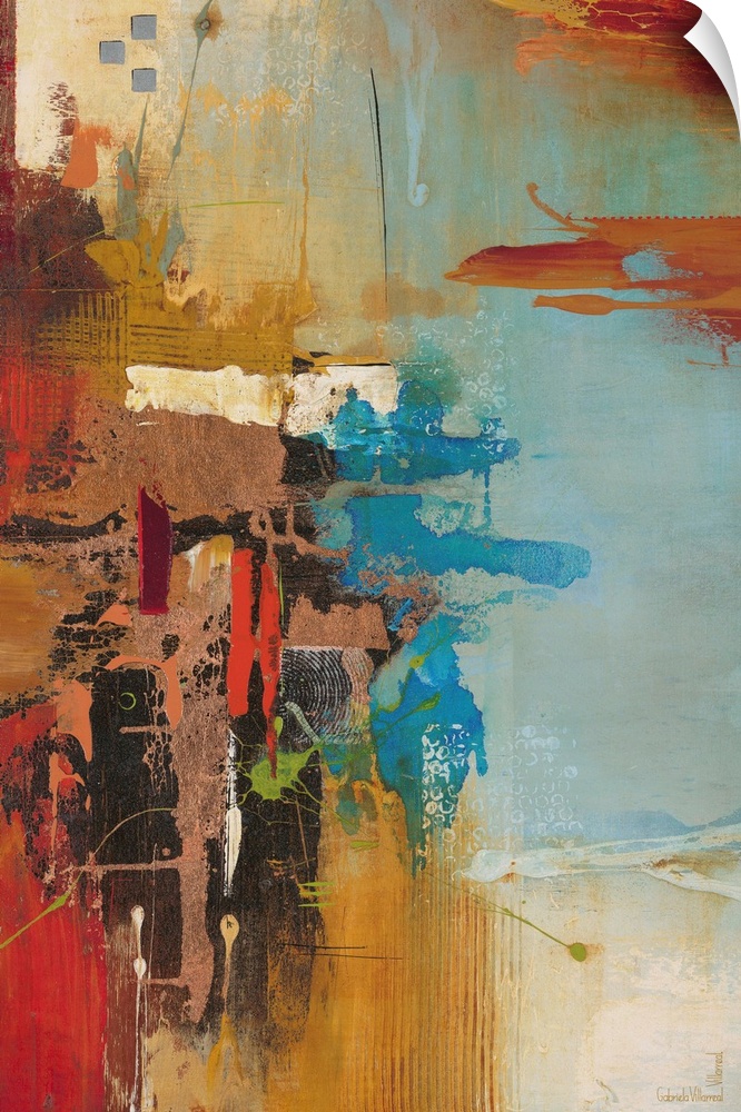 Contemporary abstract artwork using rich earthy tones and textures, mixed with aqua blue tones.
