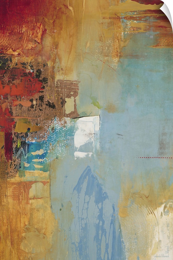 Contemporary abstract artwork using rich earthy tones and textures, mixed with aqua blue tones.