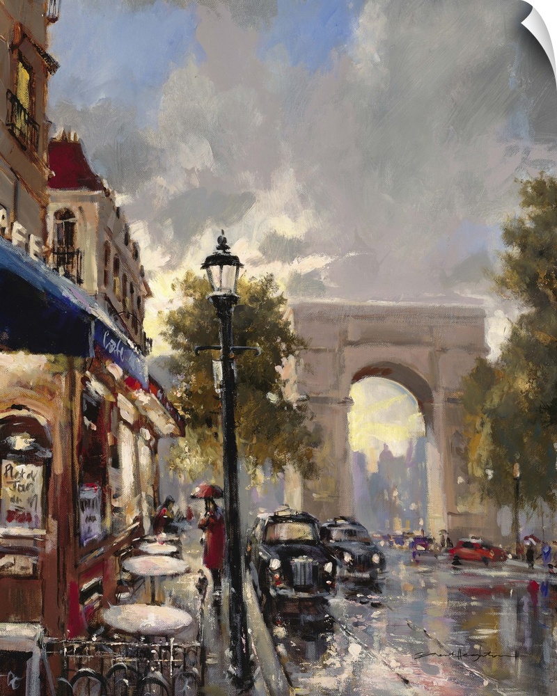Contemporary painting of a view of the city streets of Paris, with the Arc de Triomphe in the background.