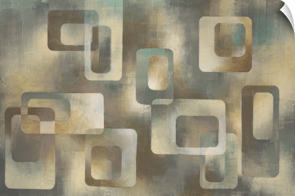 Contemporary abstract painting using warm and cool tones in geometric patterns.