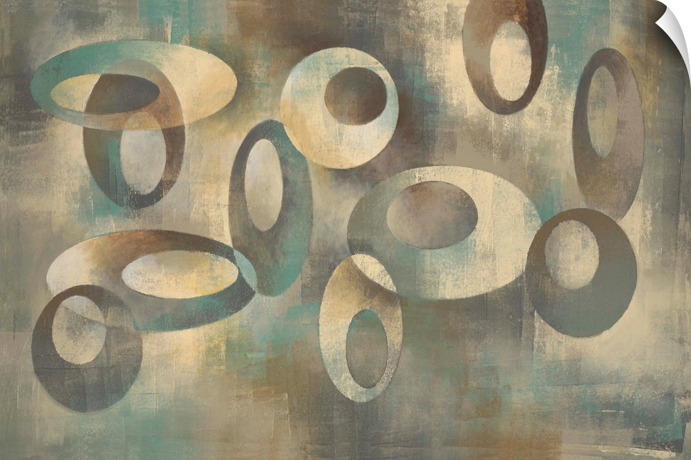 Contemporary abstract painting using warm and cool tones in organic shapes.