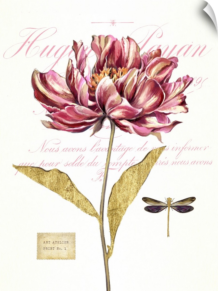 Home decor artwork of a pink flower against a neutral background with script.