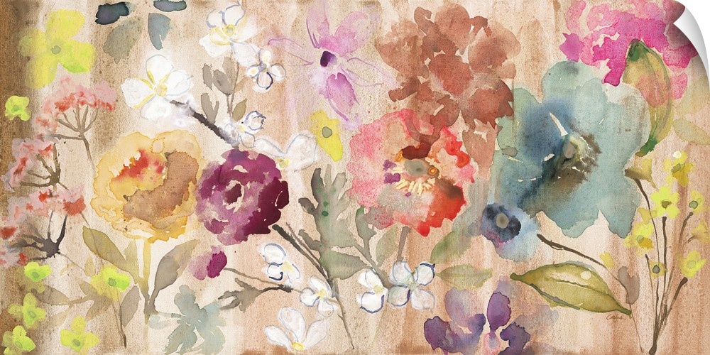 Watercolor artwork of a variety of blooming flowers in warm shades of pink and red.