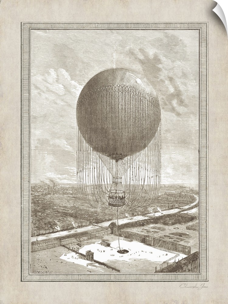 Vintage illustration of a hot air balloon floating over Paris with the Seine on the left.