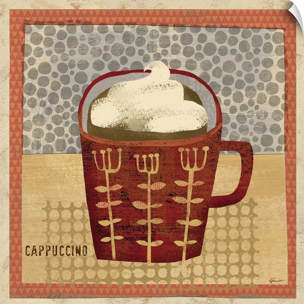 Contemporary artwork with a retro feel of a cup of coffee against a spotted background.