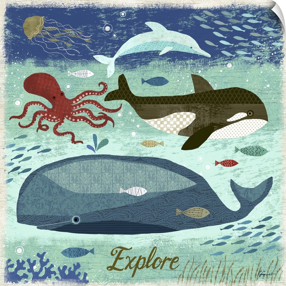 Contemporary artwork with a retro nautical feel of whales and other assorted sea life under the water.