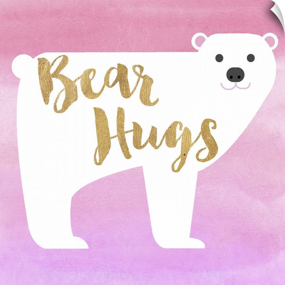 Watercolor illustration of a polar bear with "bear hugs" in gold lettering.