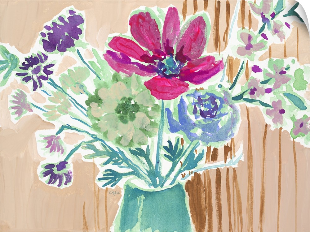Watercolor painting of a bouquet of pink, green, and blue flowers on tan.