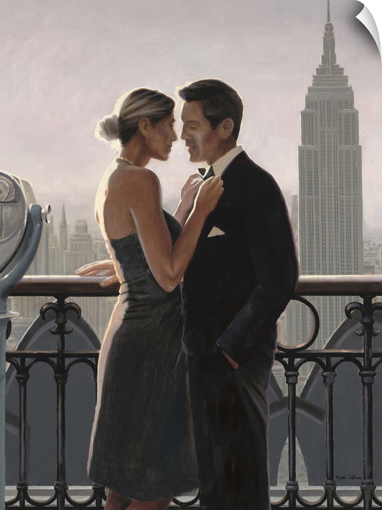 Contemporary painting of a man and woman in fancy dress on a balcony with the Empire State Building in the distance.