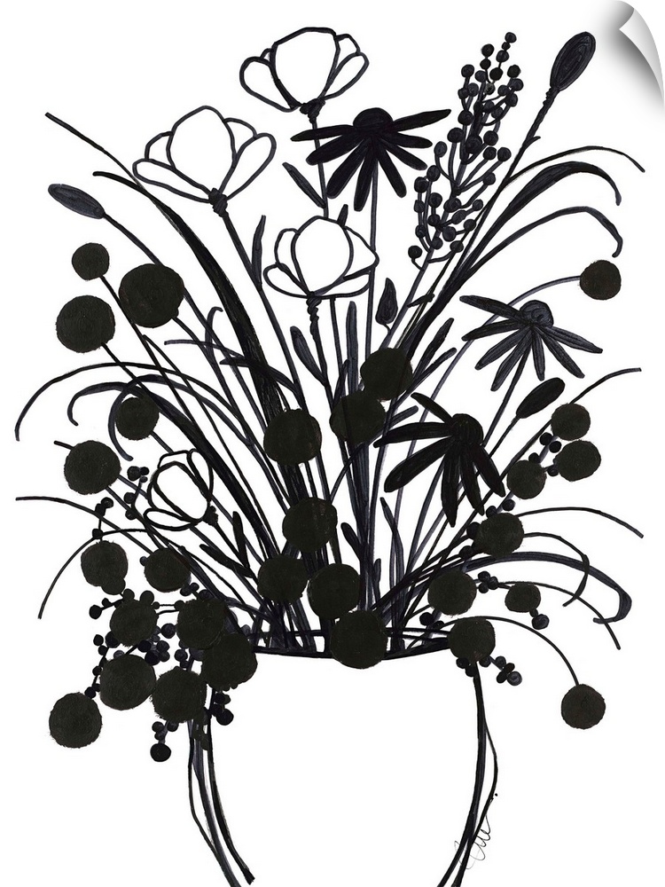 Simple black and white illustration of long-stemmed flowers in a vase.