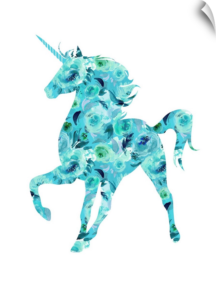 Illustration of a blue and green floral unicorn on a white background.