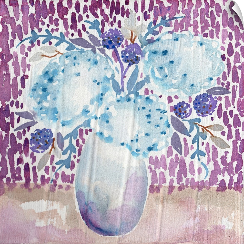 Watercolor art print of a bouquet of pale blue hydrangeas in a tall vase.
