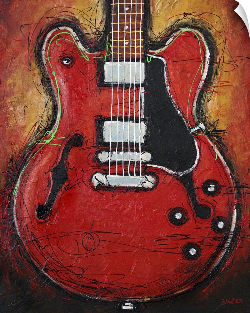 Contemporary painting of a guitar against an orange background.