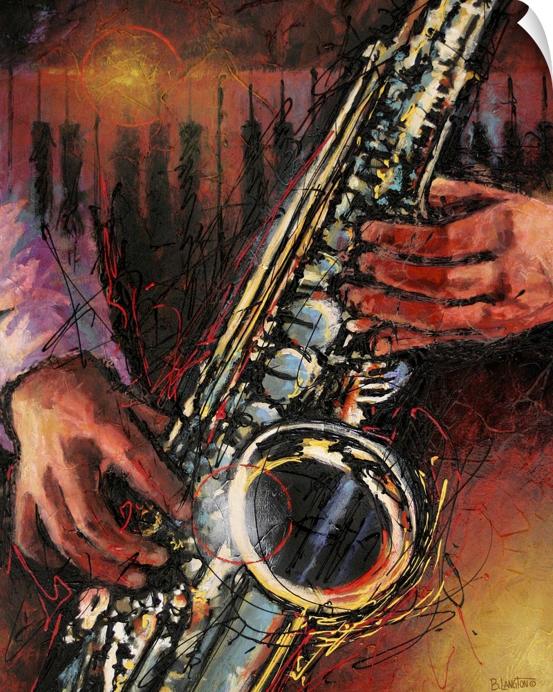 Contemporary painting of a saxophone player with piano keys in the background.