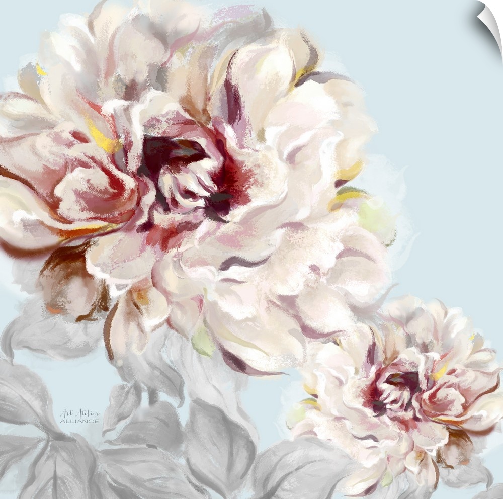Home decor artwork of soft pink peonies against a pale blue background.