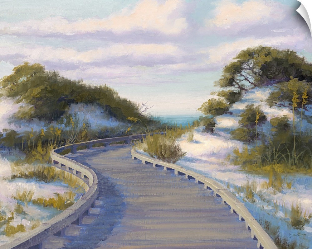 Contemporary painting of a wooden jetty leading through grassy dunes on the beach.