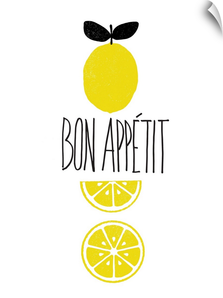 "Bon Appetit" written in the center of a white background with illustrations of lemons.