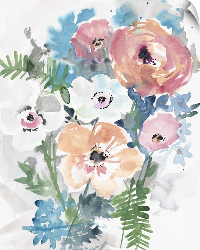 Watercolor painting of a bouquet of white, coral, and blue flowers.