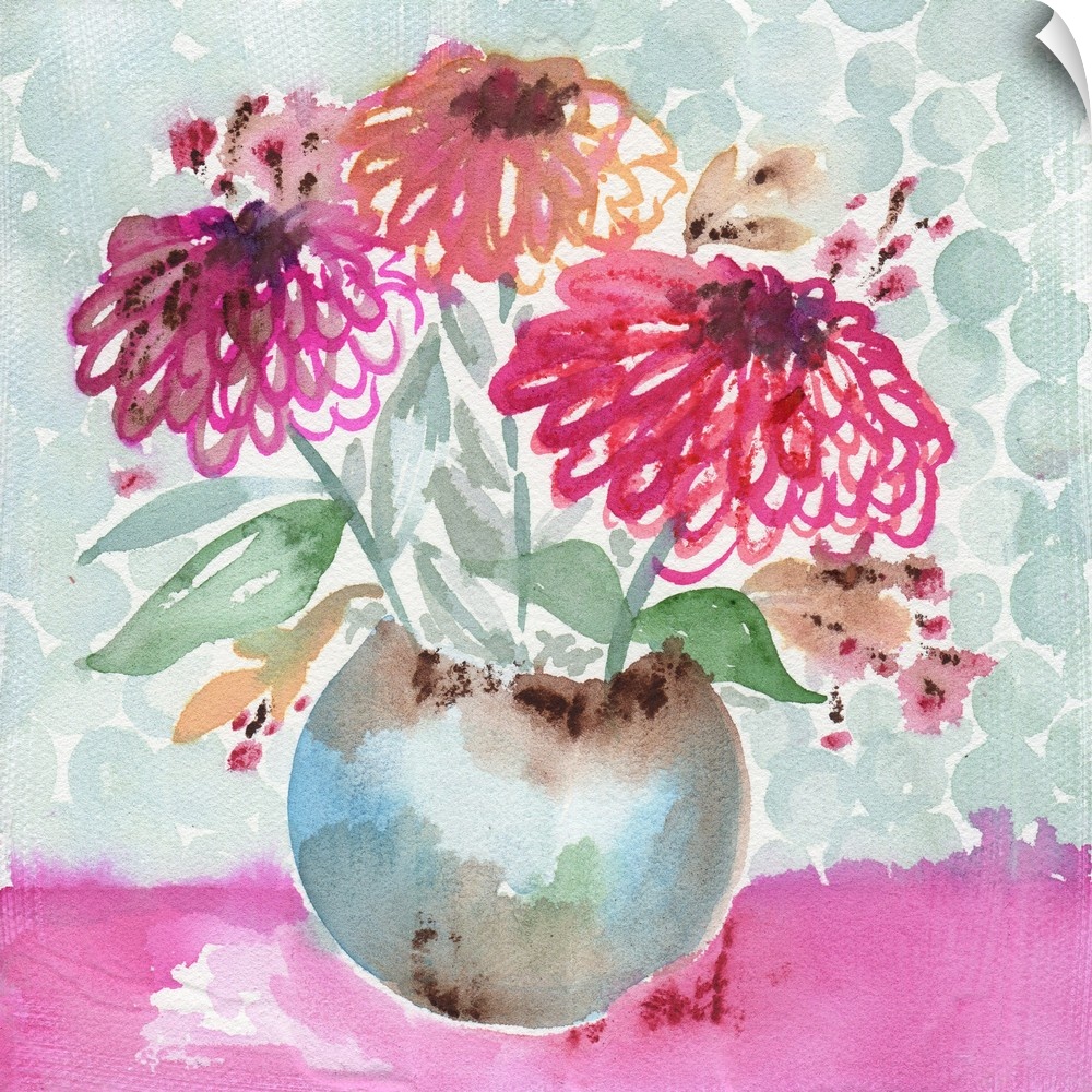 Watercolor art print of a bouquet of pink zinnias in a round vase.