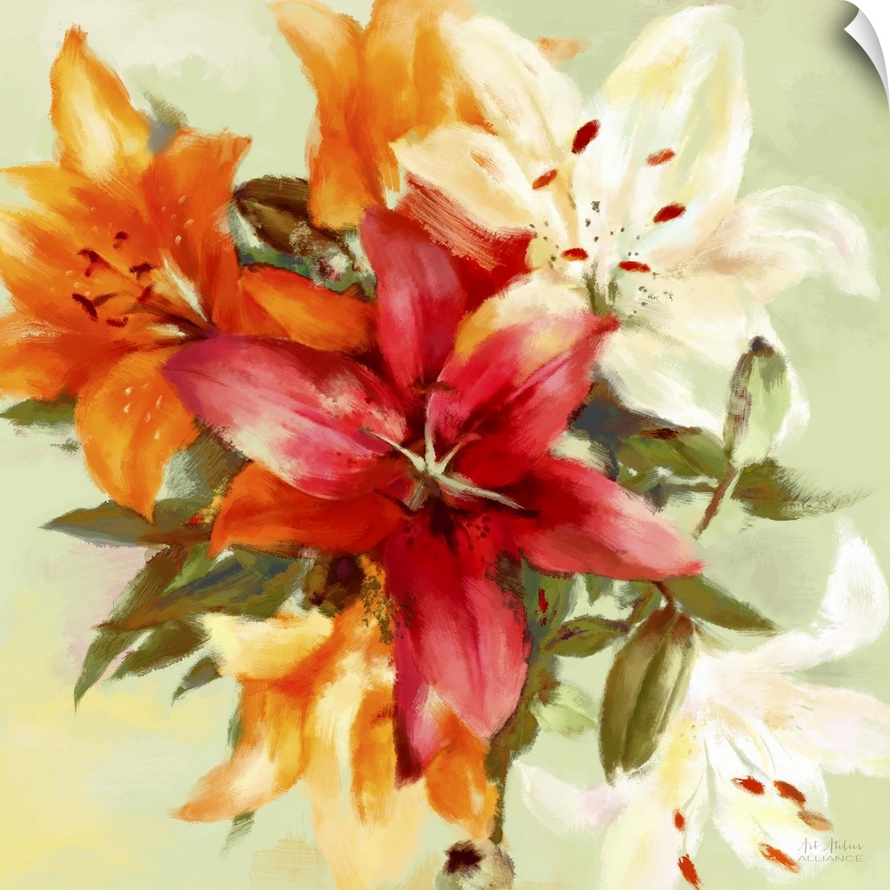 Home decor artwork of a bouquet of a golden yellow and fiery red lilies.
