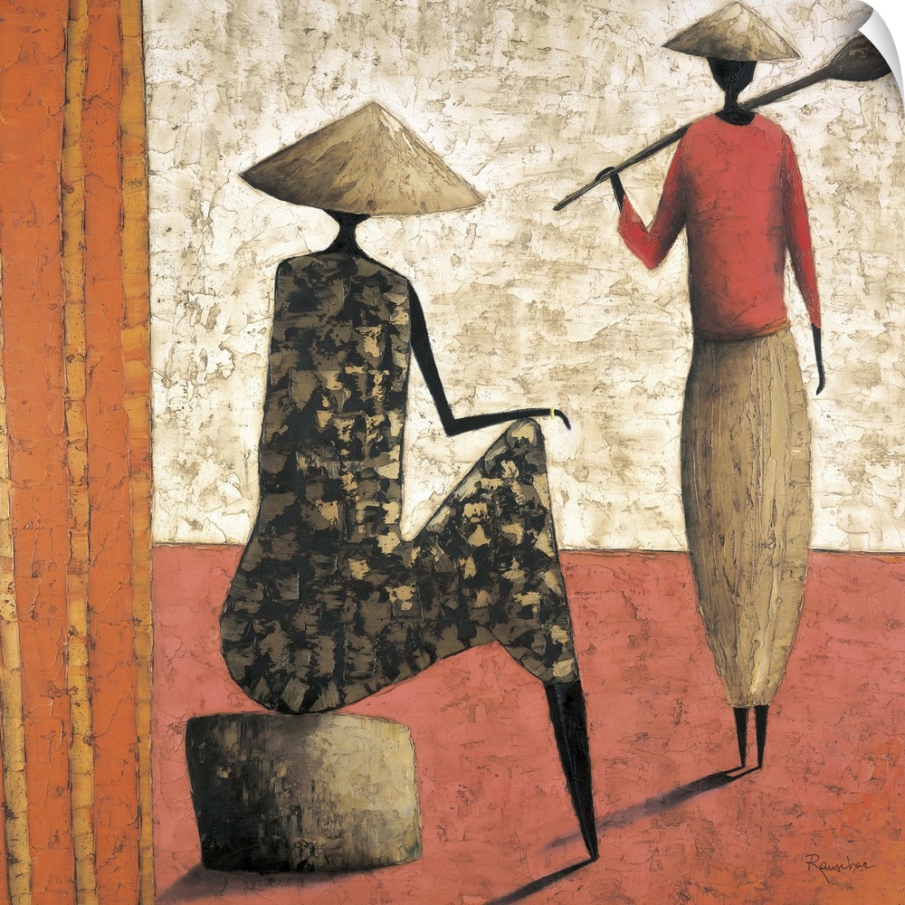 Contemporary painting of a tribal figures greeting each other.