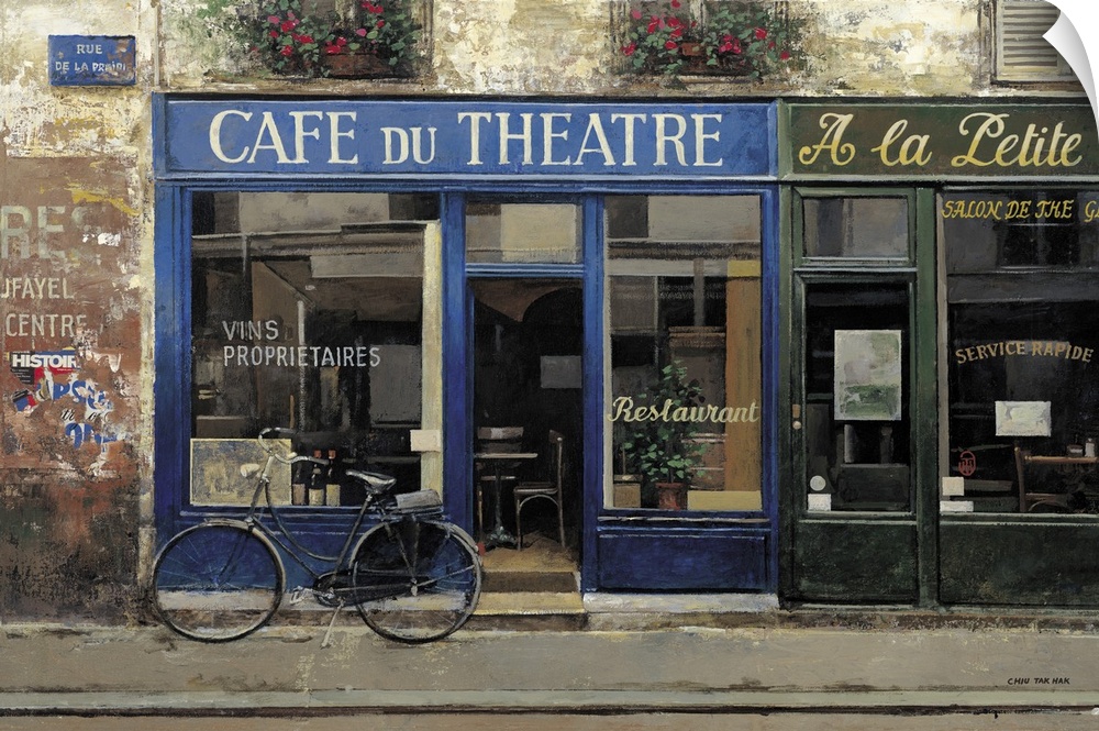 Contemporary painting of a cafe storefront downtown in a city.