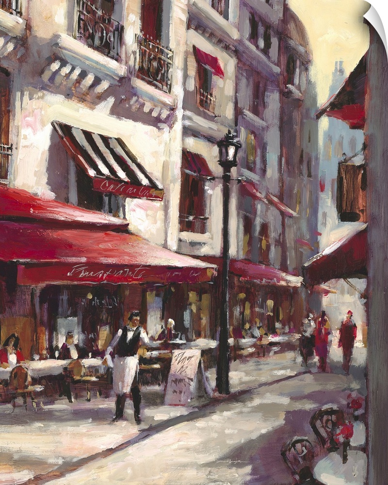 Contemporary painting of a city street with a waiter standing outside a cafe.