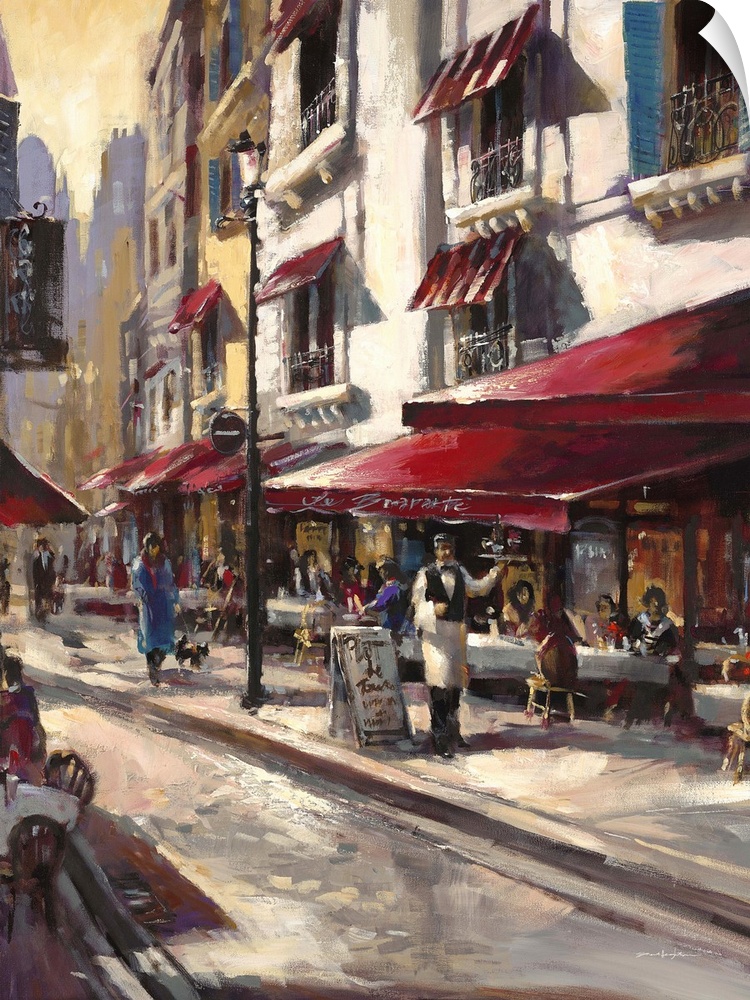 Contemporary painting of a city street with a waiter standing outside a cafe.