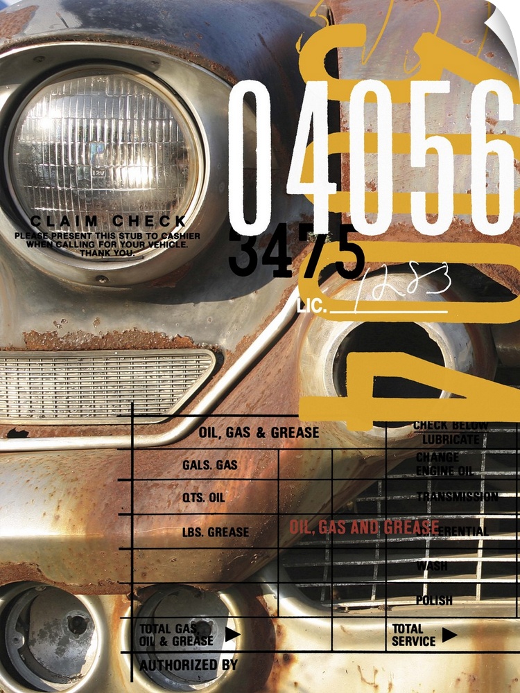 Close up of a rusted vintage car's headlights with text elements.