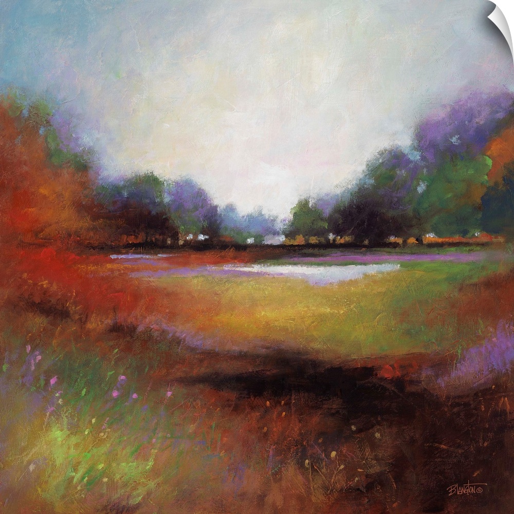 Contemporary painting of a colorful and idyllic countryside landscape.