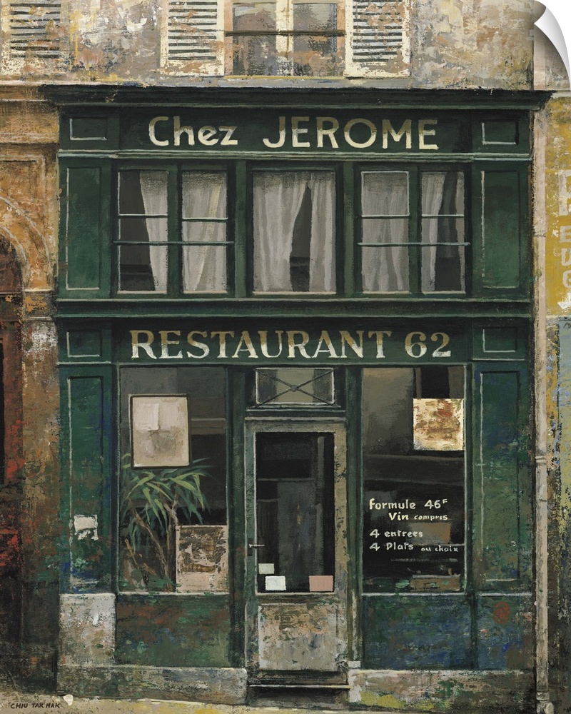 Contemporary painting of a restauarant storefront downtown in a city.