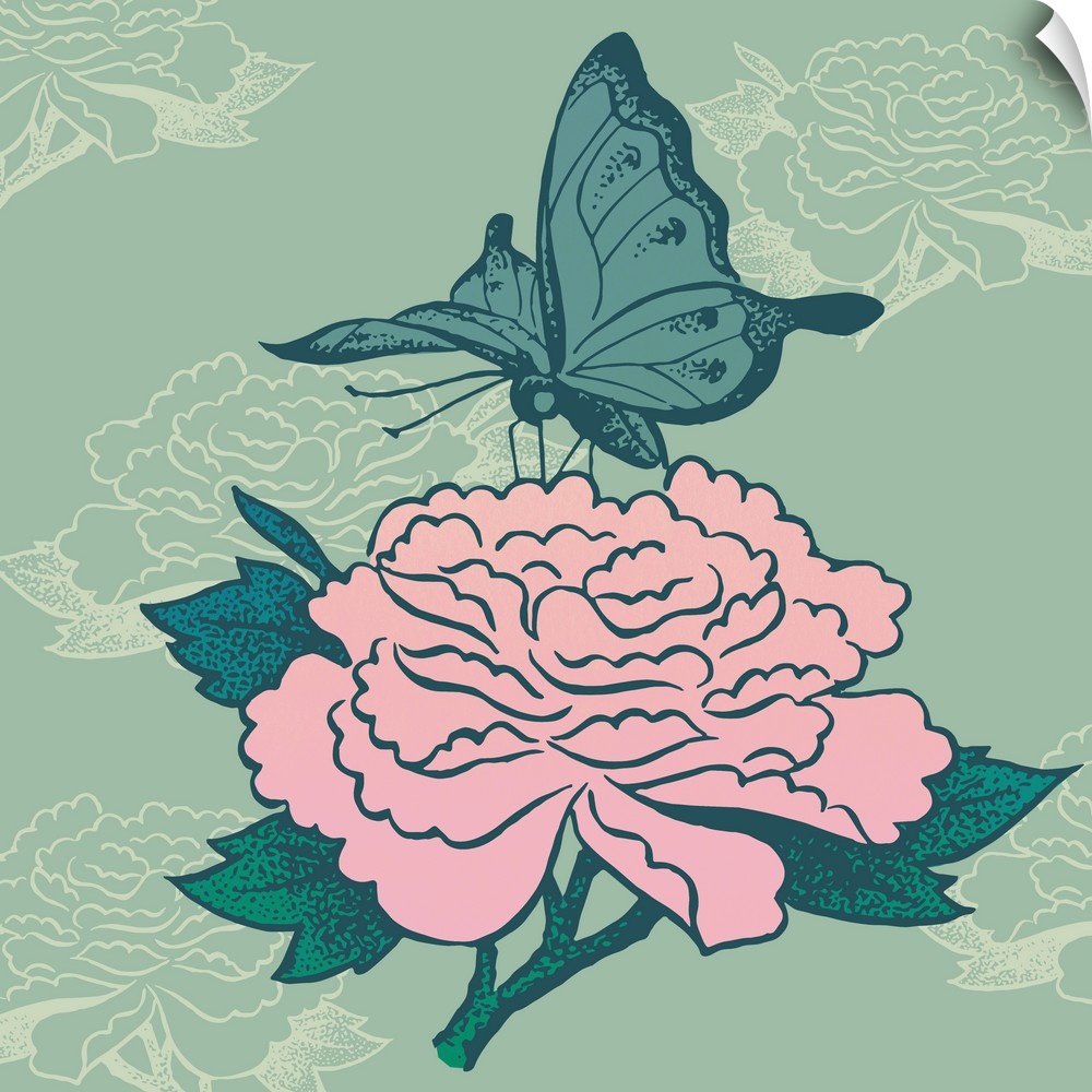 Illustration of a butterfly on a pink flower, in a vintage style.