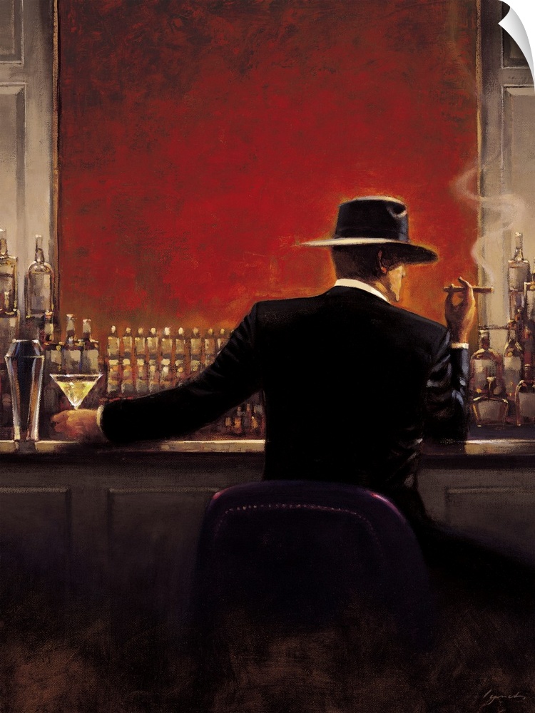 Contemporary painting of a man in a suit sitting at a bar with a vibrant red wall, with a cigar in one hand and a drink in...
