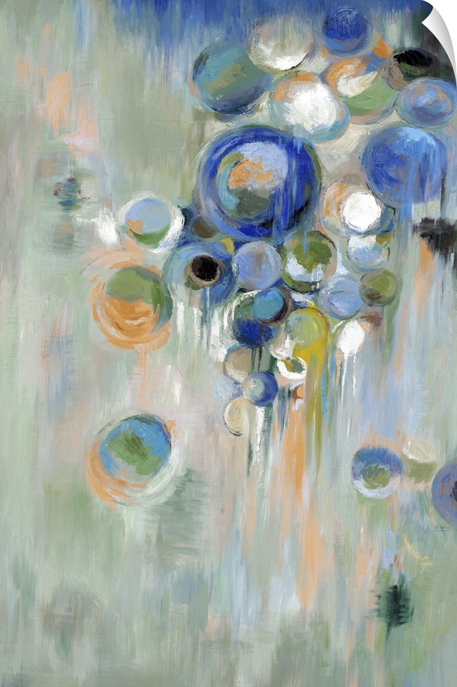 Home decor abstract artwork of blue circles of different sizes against a pale green background.