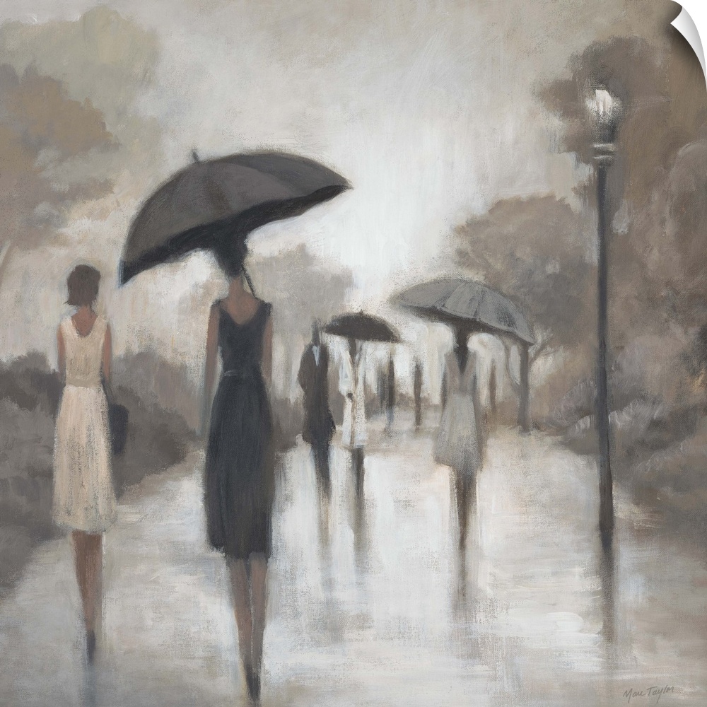 Contemporary painting of elongated figures walking through the rain under umbrellas.