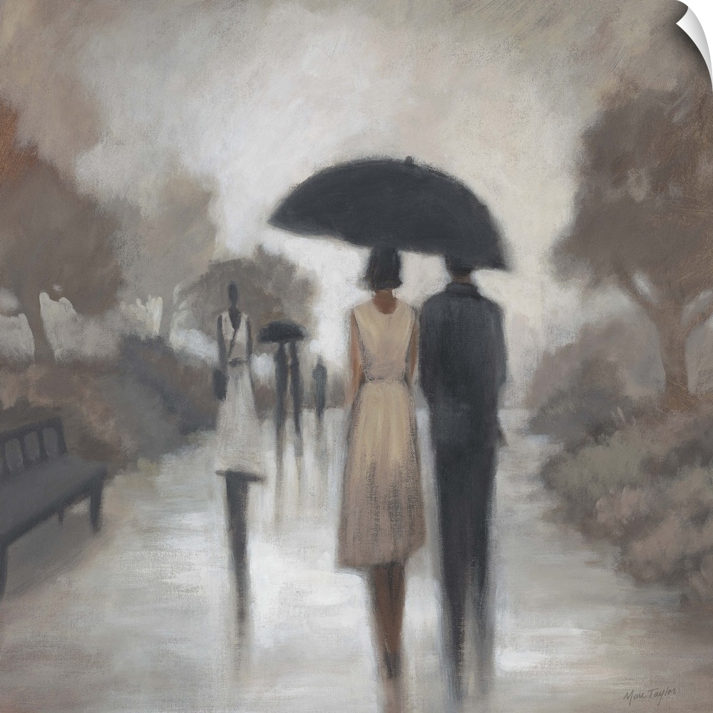 Contemporary painting of elongated figures walking through the rain under umbrellas.