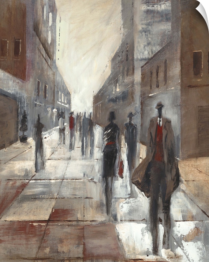 Contemporary painting of elongated figures walking along a city street.
