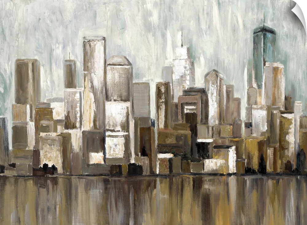 Contemporary artwork of a city skyline casting a reflection in the river below.