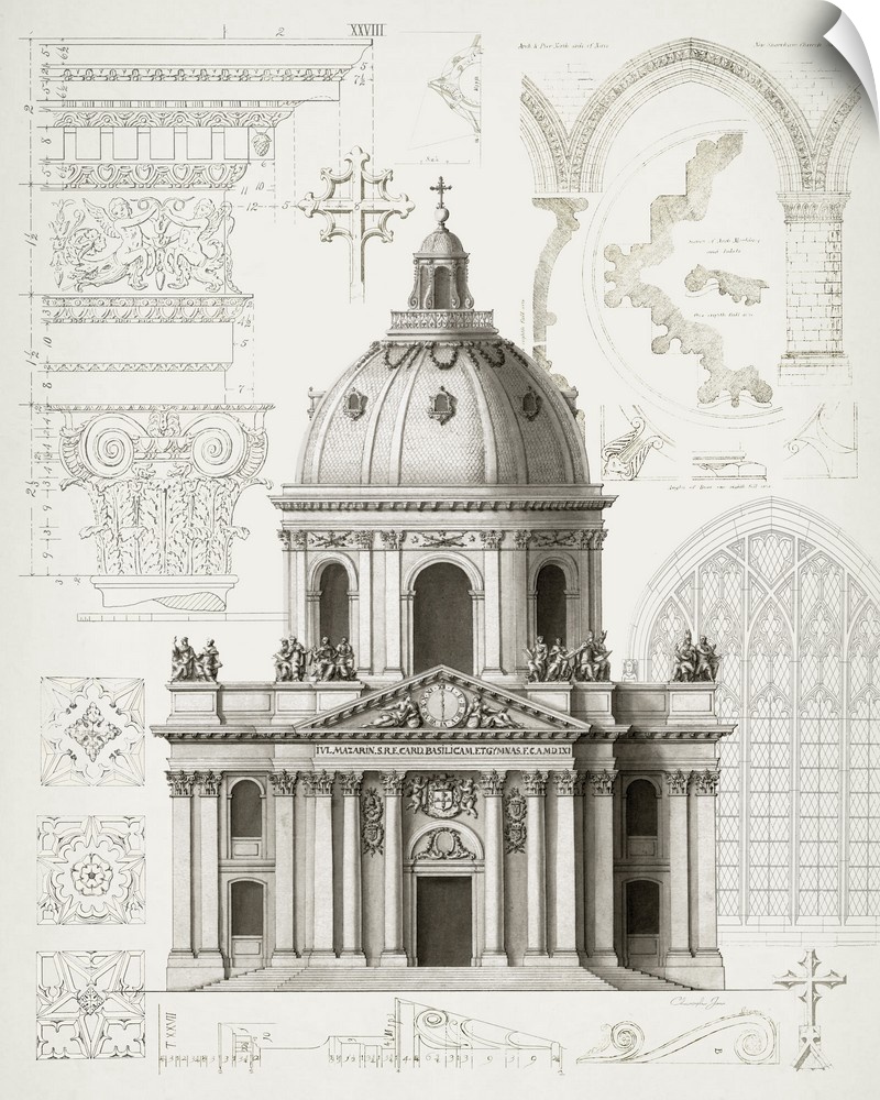 Black and white architectural illustration and blueprint with numbered measurements and designs in the background.