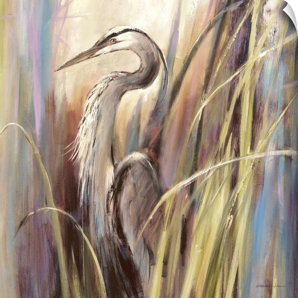 Contemporary painting of a heron standing a-midst tall grass.
